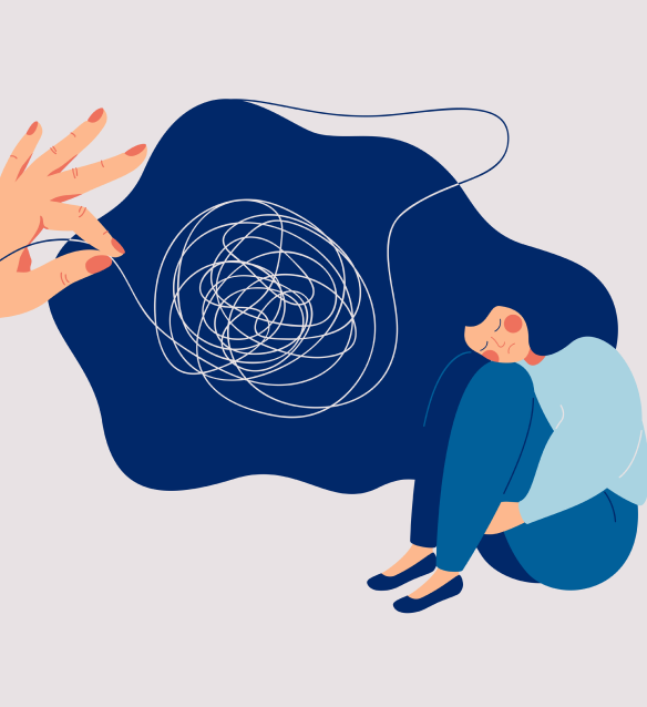 Graphic of women sitting down with a hand pulling a string